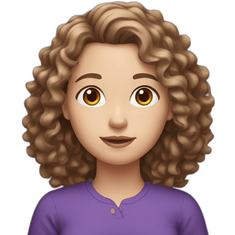 White girl with curly medium brown hair and purple shirt emoji