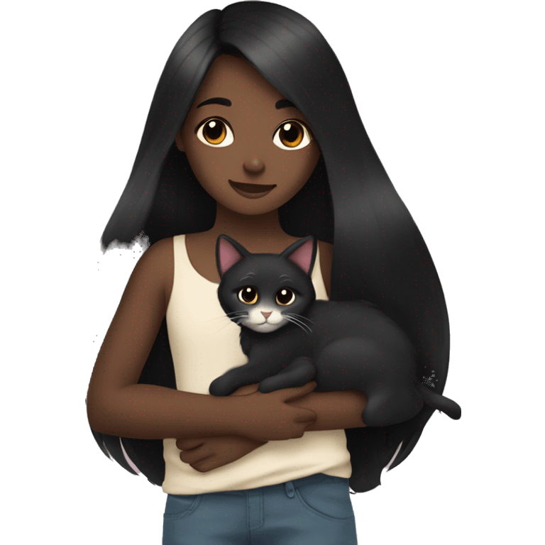 girl with very long black hair and dark skin hugging a cat  emoji