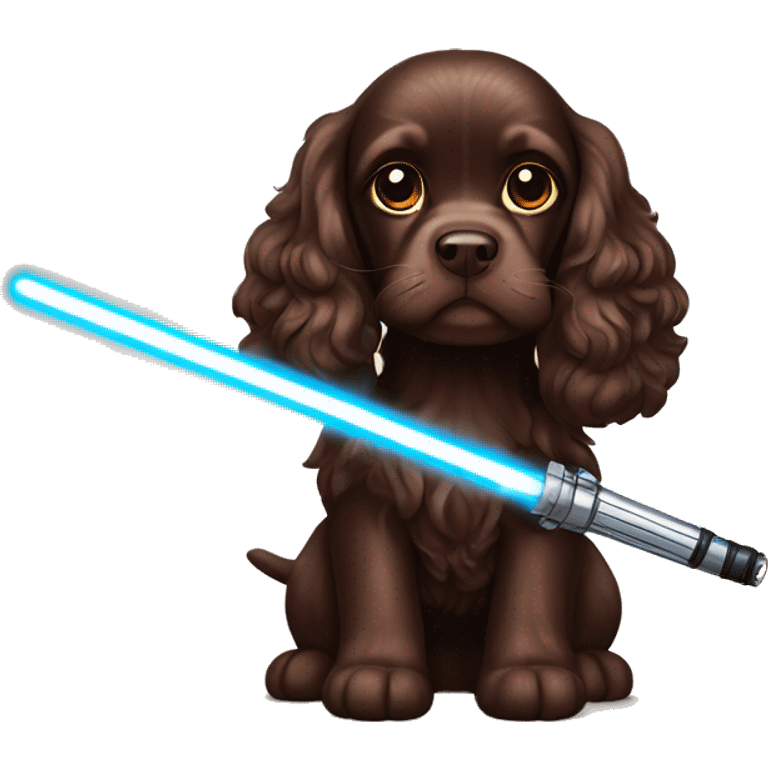 Chocolate brown cocker spaniel with lightsaber emoji