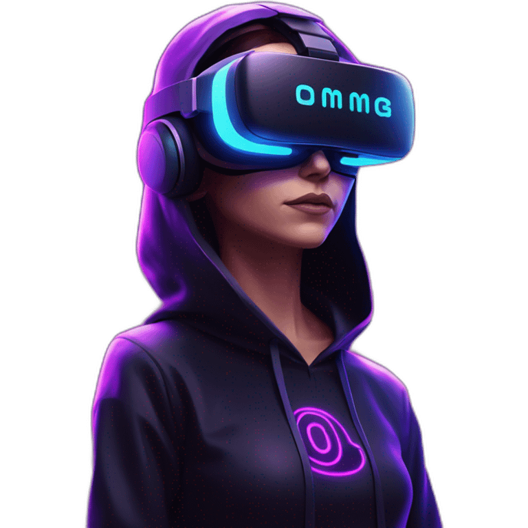 Cathie Wood wearing a black hoodie with "OMG" letters on it and VR headset in a cyberpunk VR environment with violet neon lighting. emoji