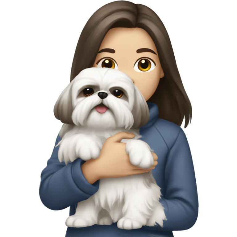 brunette girl with white fur shih tzu dog in her arms emoji