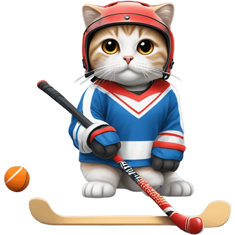 Sassy Scottish fold girl cat playing hockey  emoji