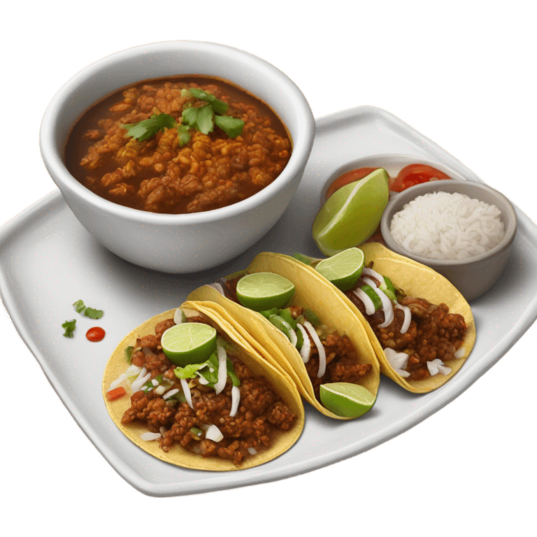 Birria tacos on a white plate with consome and rice on the side emoji