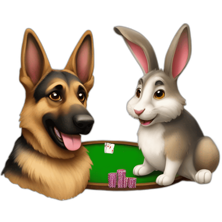 A German shepherd and a rabbit playing poker emoji