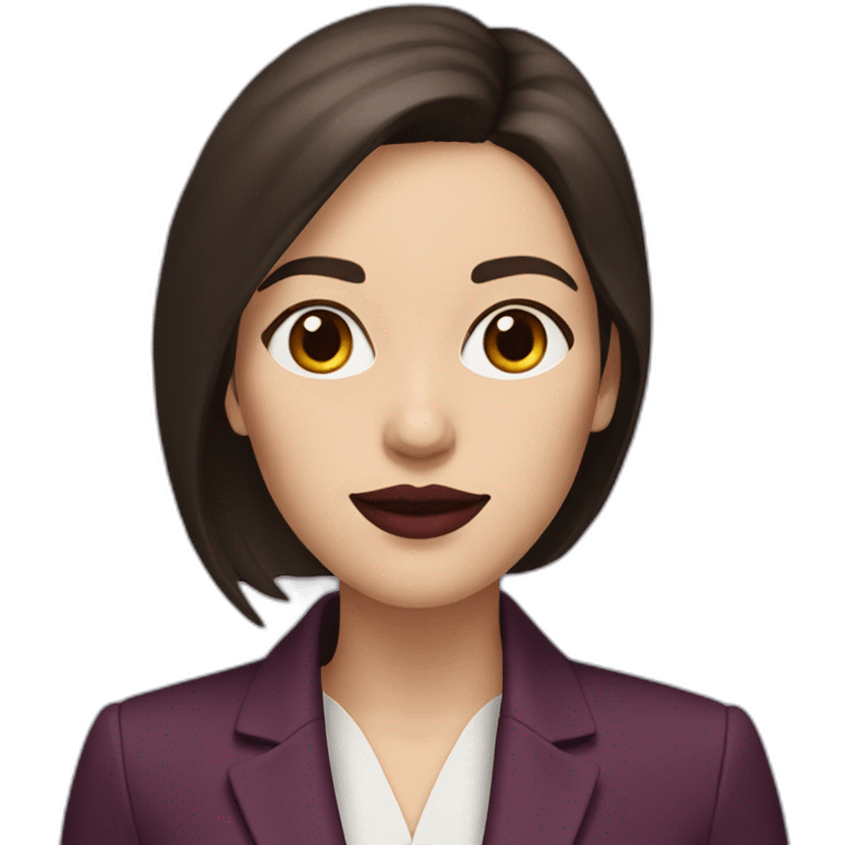 a white woman, dark brown straight hair, wearing marsala lipstick and using a purple blazer emoji