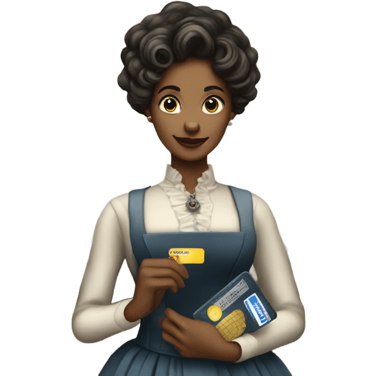 galora waitress galora in Victorian dress elegant, full body, holding big credit card emoji