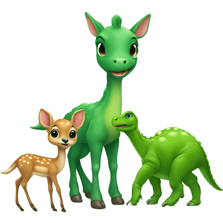 Baby deer (buck) and baby green dinosaur hanging out  emoji