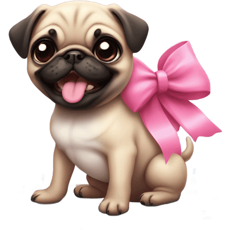 Baby pug with big pink
eyes wearing a pink bow above 1 ear sitting in a puddle   laughing  emoji