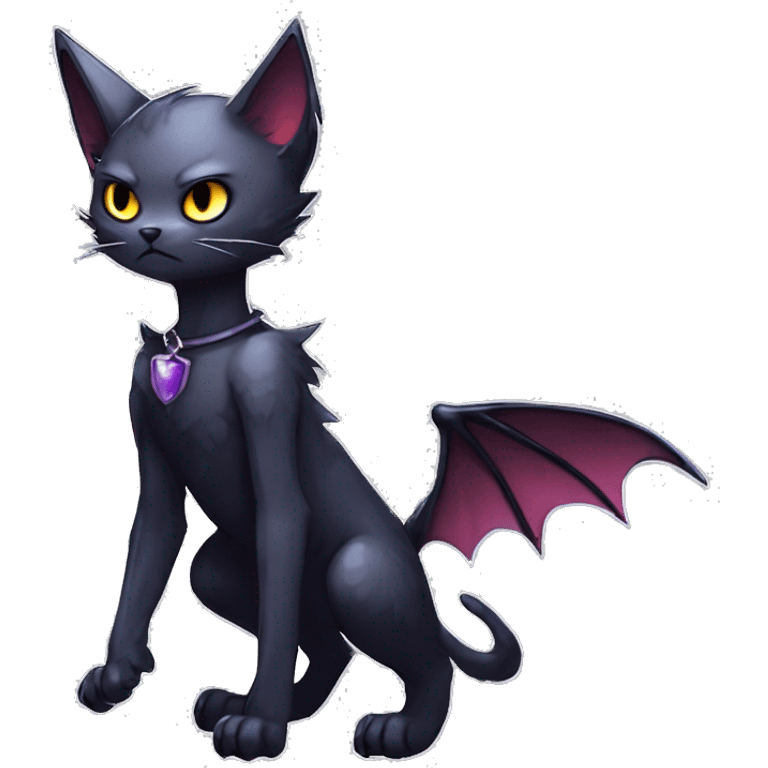   cool edgy beautiful anime-style ethereal dark-punk-themed animal vampiric cat-hybrid Fakemon with fangs and bat-wing-ears with a collar full body emoji