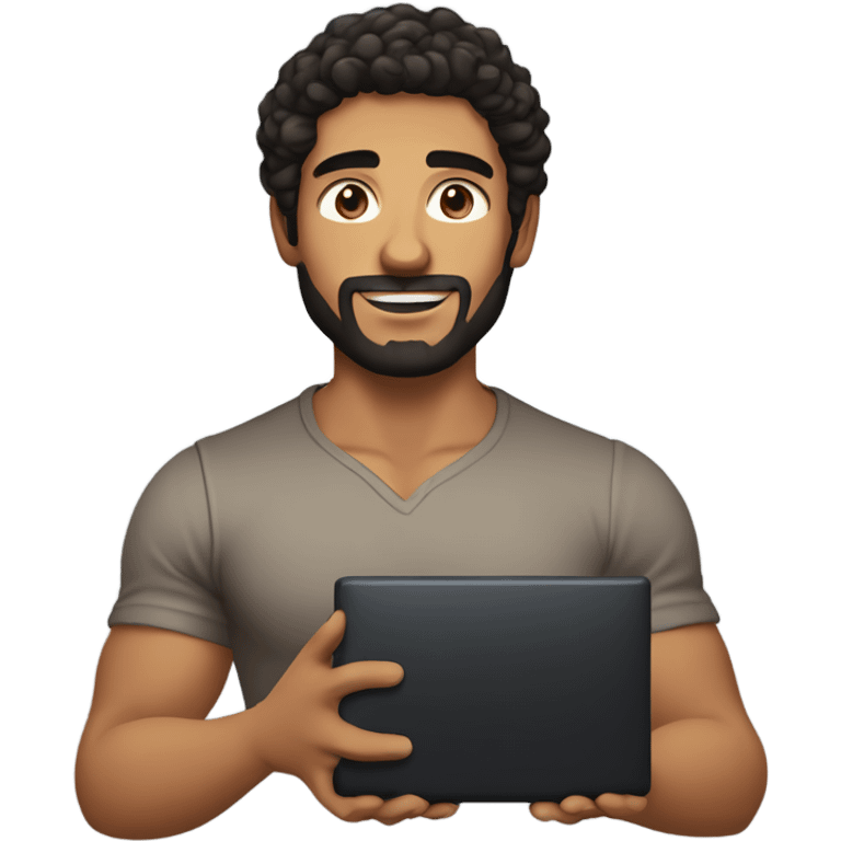 men holding his computer in hands. light brown skin men with curly black hair, dark brown eyes, little grown beard. little bit muscular. dressed casual. round face. emoji