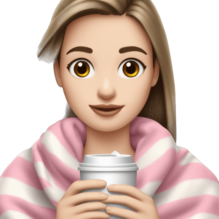 Pale girl brown eyes brown straight hair that is wearing a pink blanket wearing AirPods and holding iPhone 14 Pro Max silver in one hand and another hand she is holding a cup of coffee with some milk in it emoji