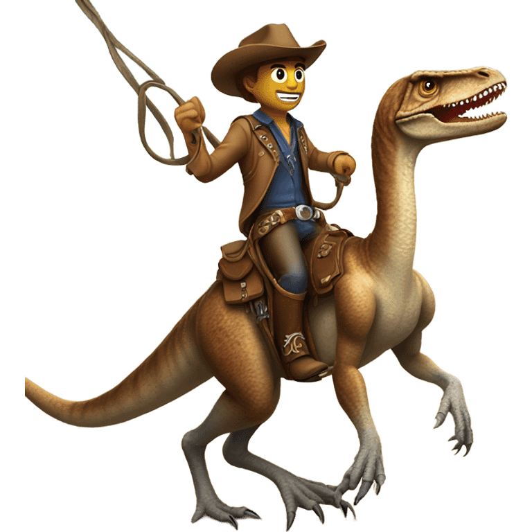 cowboy with a lasso that’s riding a velociraptor wearing a saddle emoji