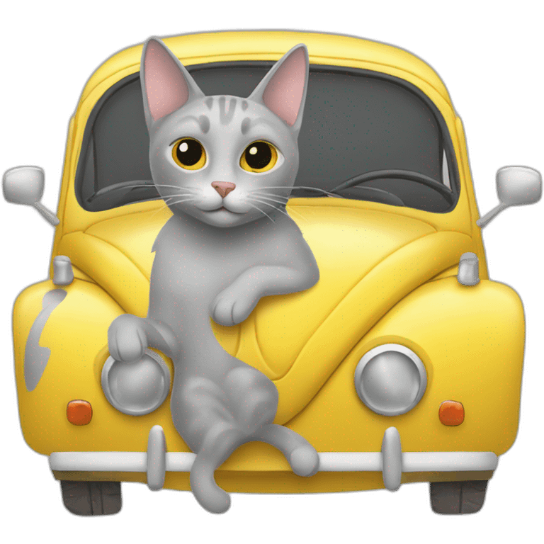 Grey cat sitting on yellow volkswagen beetle emoji