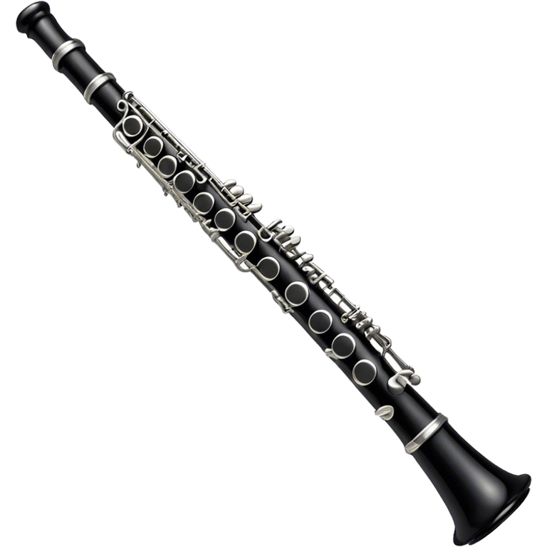 Create an emoji, representing a black standard clarinet. The design should feature a smooth, glossy black body of the clarinet with shiny, silver keys clearly visible. Highlight the intricate details of the mouthpiece and reed at the top, while the body of the instrument should remain simple and elegant. Add subtle musical notes or soundwaves floating around the instrument to symbolize its clear, melodic sound. Use black for the body, silver for the keys, and soft lighting effects to give the instrument a polished, sophisticated look. The background should be transparent. emoji