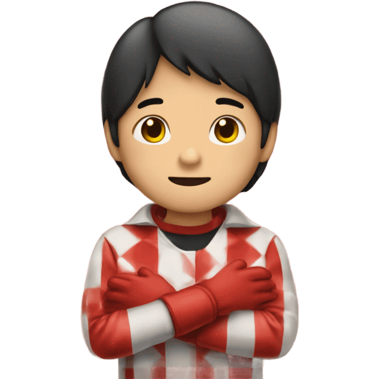 Asian boy wearing red checkered gloves on hands emoji