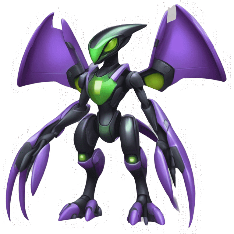 a shiny black-green-purple Genesect-Flygon-Raptor-Fakémon-Medabot-hybrid with a futuristic visor-helmet full body emoji