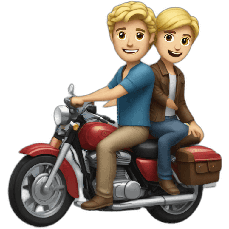 blonde man with brown haired man behind on motorbike emoji