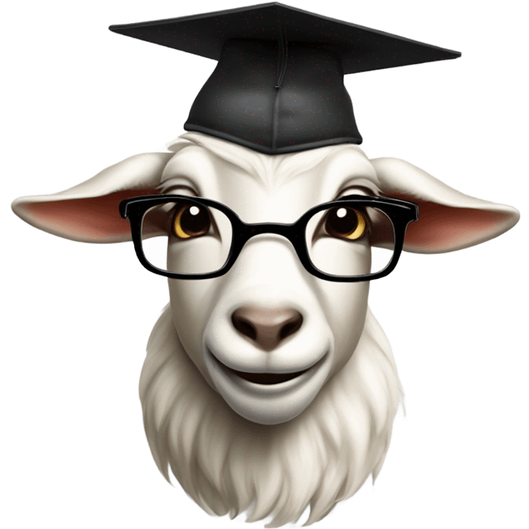 a smart nerdy goat wearing glasses and graduation hat smirking emoji