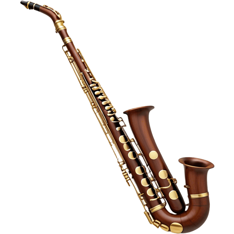 Create an elegant and detailed emoji representing a professional bassoon. The design should feature the sleek wooden body of the bassoon with its rich wood tones, showing the intricate keywork and metal springs. The metal tubing of the instrument should be clearly visible, with polished brass accents. Highlight the bell and the distinctive, curved shape of the instrument. The mouthpiece and reed should be visible at the top, emphasizing the functional details. Use warm wood tones like dark brown, with gold and brass accents for the keys and fittings. Add soft musical notes or soundwaves to represent the deep, resonant sound of the bassoon. The background should be transparent. emoji