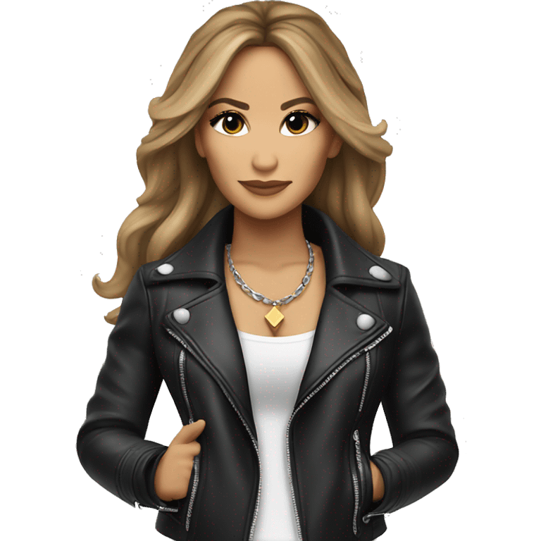 Jennifer Lopez in black leather jacket pointing forward emoji