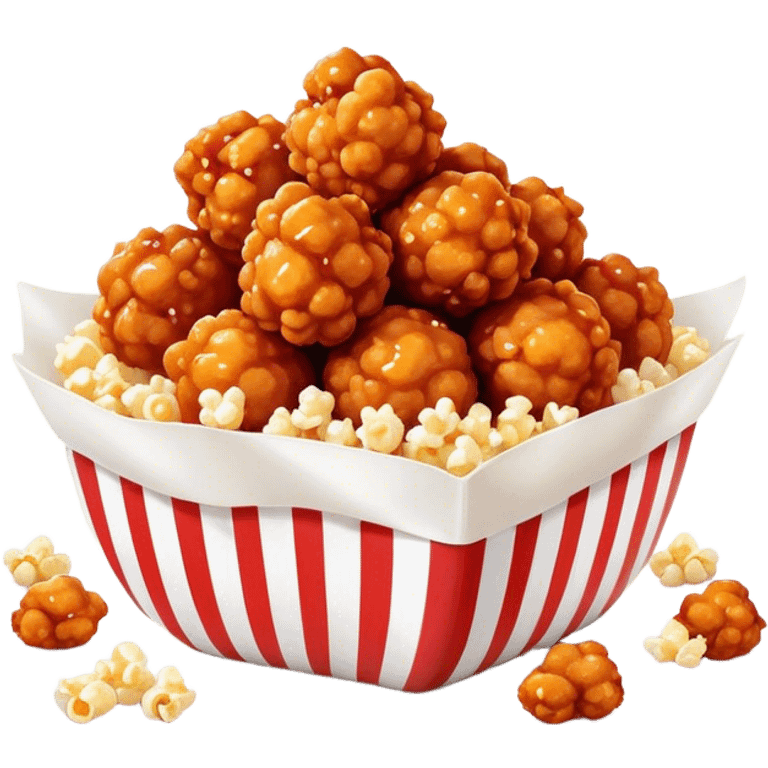 Korean Fried Chicken Cinematic Realistic Korean Fried Chicken Dish Emoji, depicted as bite-sized popcorn chicken pieces generously coated in a glossy, spicy sauce, rendered with crisp textures and dynamic, appetizing lighting. emoji