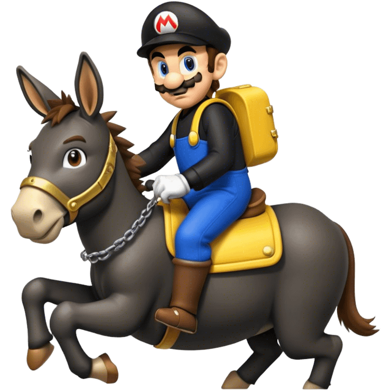 Super mario riding on a donkey wearing black mechanic clothes with yellow details  emoji