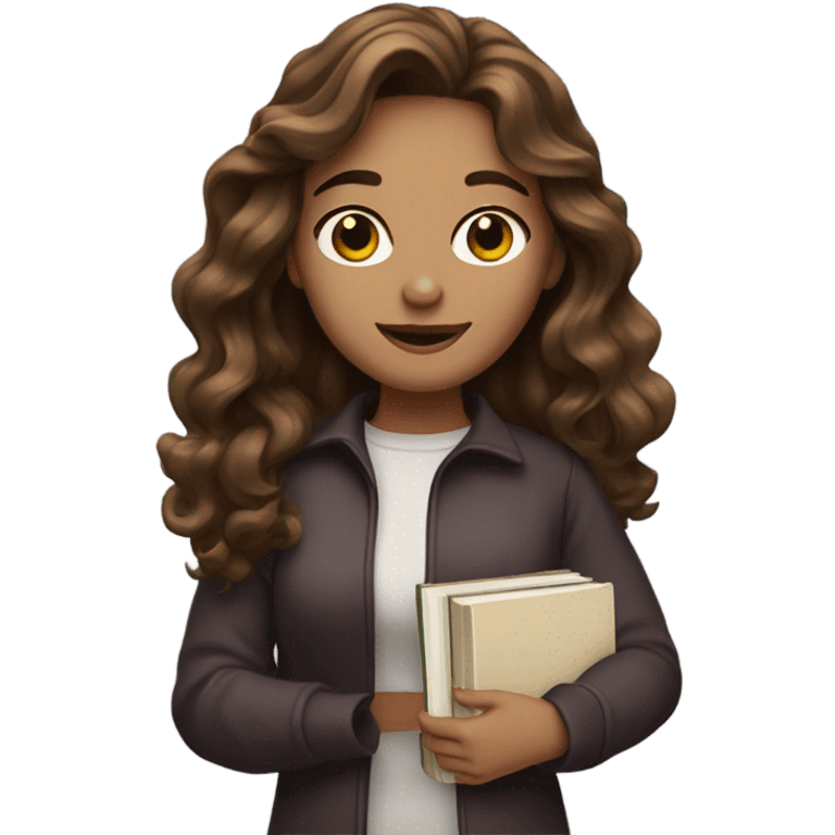 A woman with long wavy brown hair and books emoji