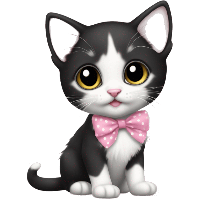 Baby Full body Tuxedo kitten with a pink polka dot ribbon Hazel eyes emoji