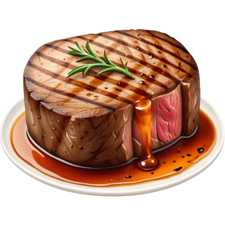 Cinematic thick-cut scotch fillet steak, perfectly seared with grill marks, a grilled center, rich and savory, warm glow, sizzling and mouthwatering, highly detailed and appetizing. emoji