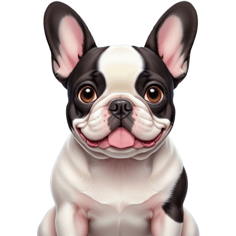 Cinematic Cute Pied French Bulldog Portrait Emoji, Head tilted with a sweet, mischievous grin and large, inviting eyes, featuring a unique pied fur of contrasting colors, simplified yet irresistibly endearing, highly detailed, glowing with a warm, playful radiance, high shine, exuding a quirky charm and affectionate personality, styled with a soft, lighthearted outline, capturing the essence of a cute Pied French Bulldog that looks ready to charm its way into your heart! emoji