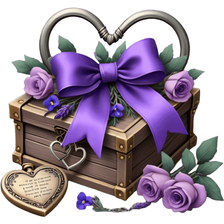 A midnight purple silk bow wraps around a bundle of wilted lavender sprigs, velvety pansies, and blush-violet roses, resting on an aged wooden table. Nearby, an antique silver locket shaped like a heart, engraved with tiny celestial stars, glistens faintly under the dim candlelight. emoji