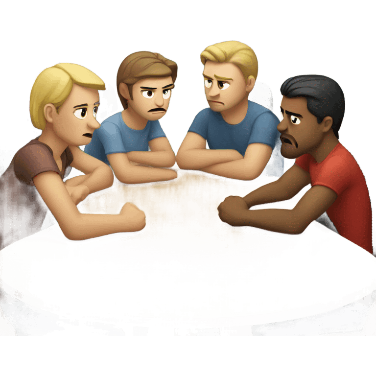 6 Caucasian people sitting around a table looking unhappy emoji