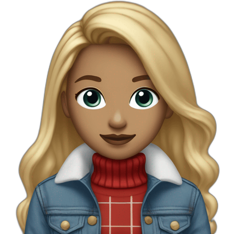 straight hair blond tall blue eye female designer with plaid brown and red sports jacket and white turtle neck sweater black boots and baggy light blue jeans emoji