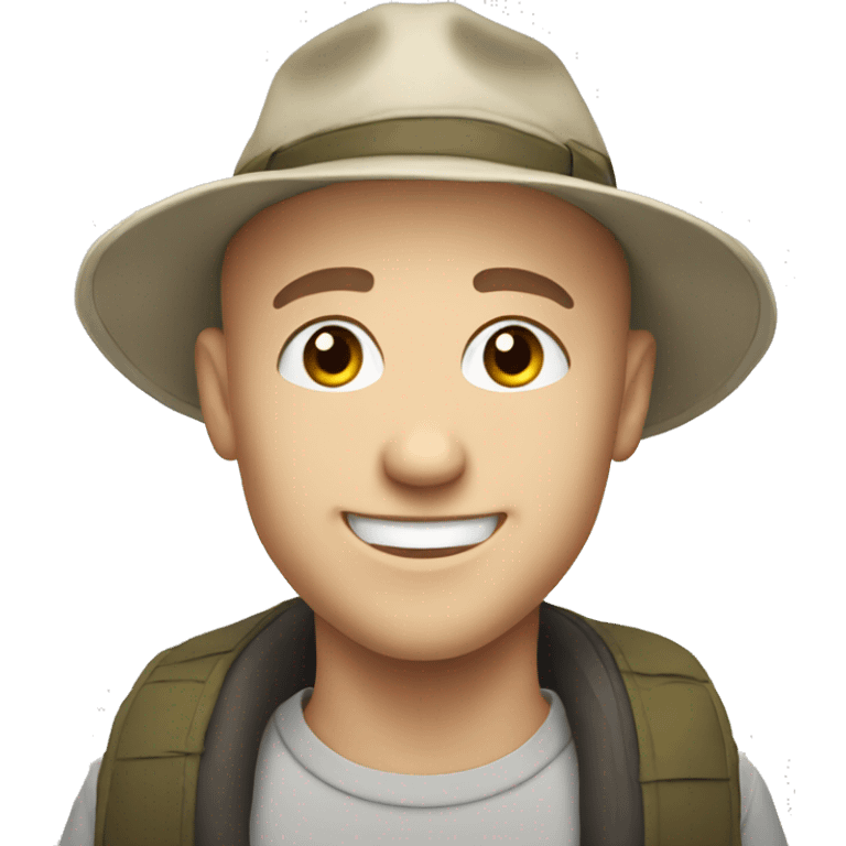 smiling white young bald man outdoors with hat emoji