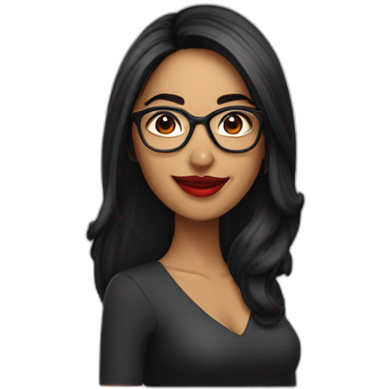 an Indian female with long black hair with glasses smiling and red lipstick on emoji