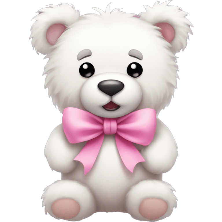 white fluffy teddy bear wearing a pink bow and holding a pink hart emoji