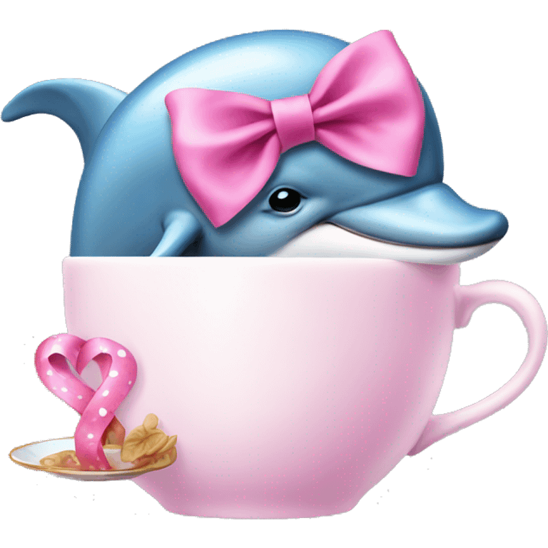 dolphin wearing a pink ribbon bow drinking tea emoji