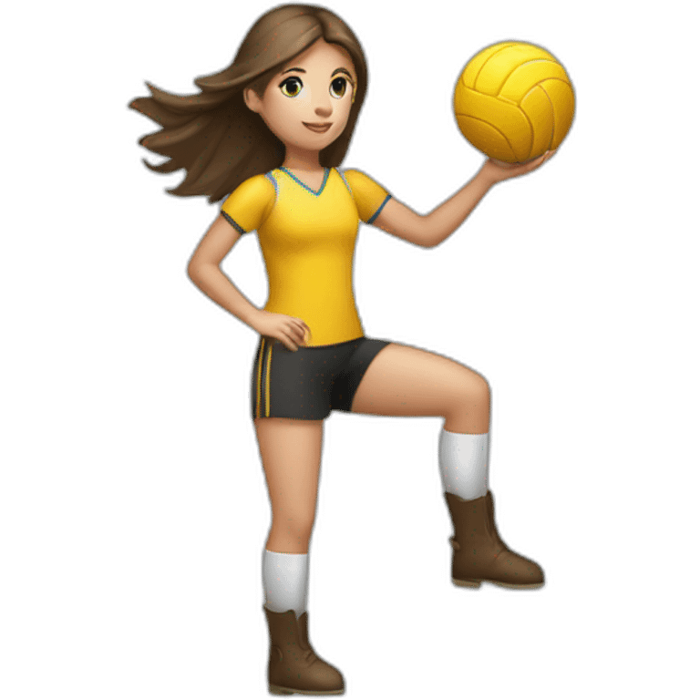 A girl on a horse doing Horseball picking up the ball off the floor emoji