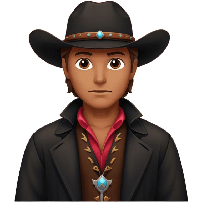 A lone cowboy in a black duster, standing under a crimson sunset emoji