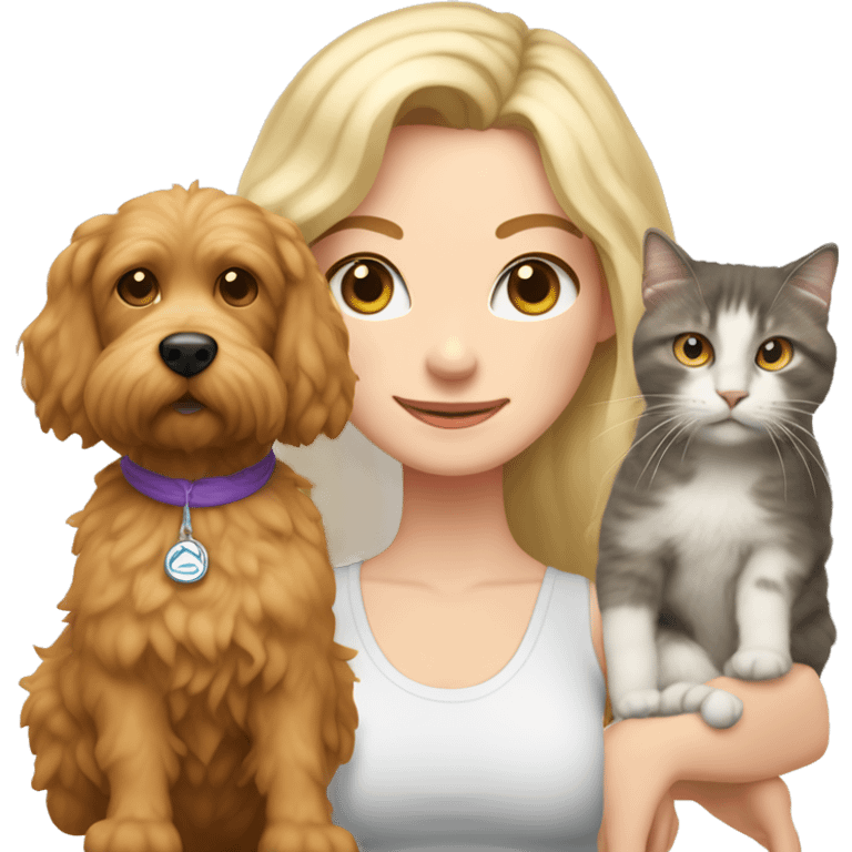 white woman with long blonde hair and cat shaped eyes wearing a yoga outfit standing alongside a tri-colored bernadoodle dog emoji