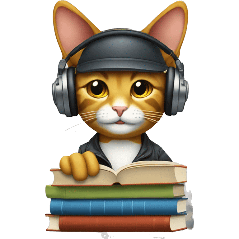 dj cat with many books and word remix emoji