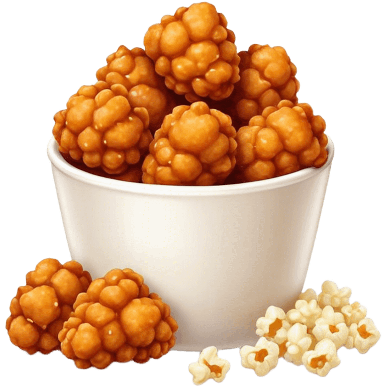 Korean Fried Chicken Cinematic Realistic Korean Fried Chicken Dish Emoji, depicted as bite-sized popcorn chicken pieces generously coated in a glossy, spicy sauce, rendered with crisp textures and dynamic, appetizing lighting. emoji