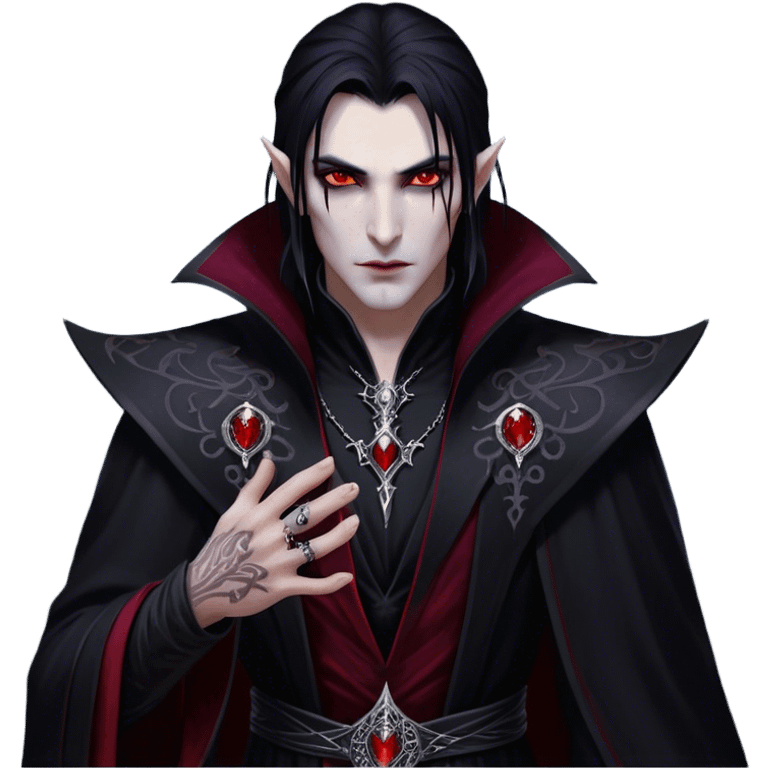 Cinematic Realistic WoW Vampire Mage Portrait, depicted with dark and mysterious elegance, wearing a flowing black robe intricately adorned with arcane silver filigree and esoteric runes. His pallid, almost ethereal skin contrasts with deep crimson, mesmerizing eyes, while his dark, slick hair falls in sleek strands. Rendered with lifelike texture and moody, dramatic lighting, high shine, noble and formidable, capturing the essence of a legendary vampire mage of Azeroth. emoji