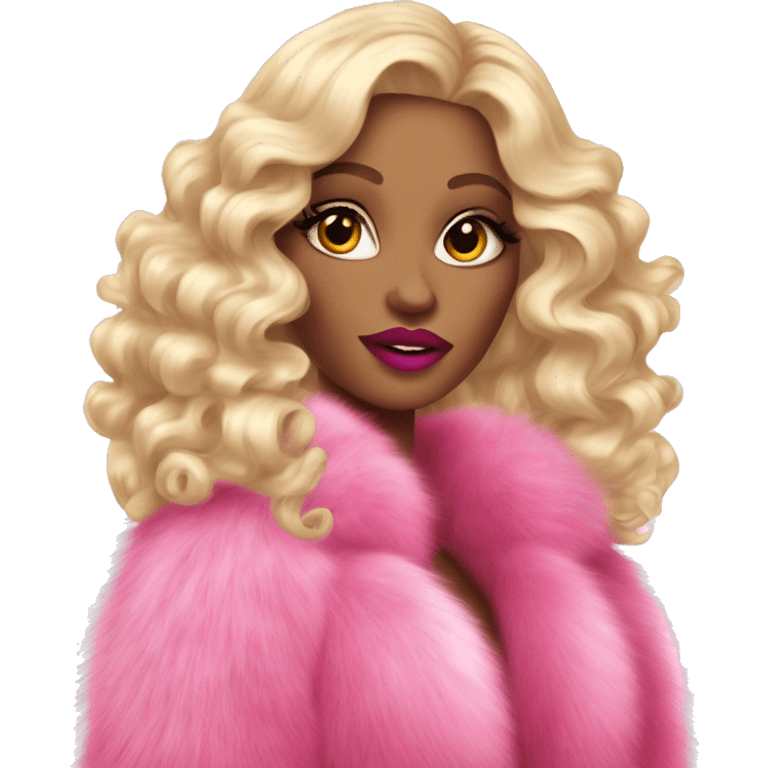 glamorous brightly made-up blonde with long curls in a fur coat with long pink nails and big lips emoji