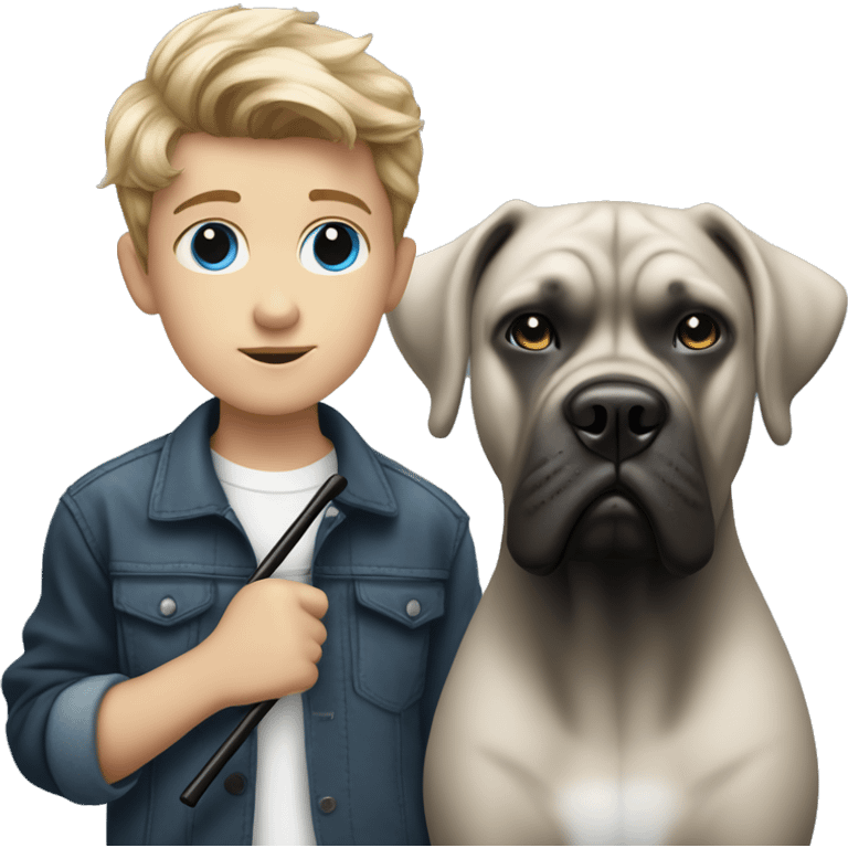 young white kid with justin beiber hairstyle standing alongside a black cane-corso emoji