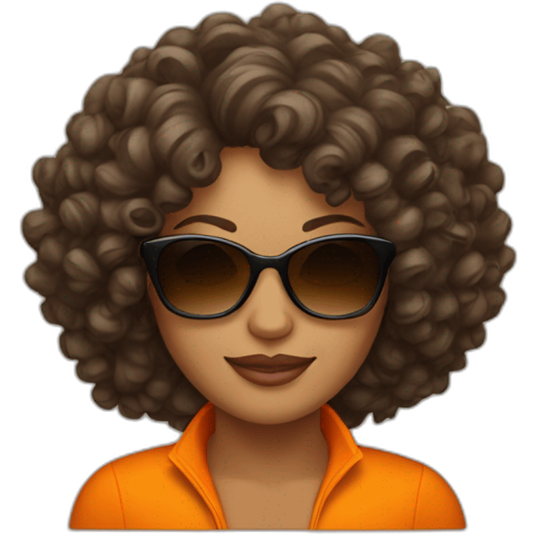 a curly hair brown woman with sunglasses and a orange trucksuit  emoji