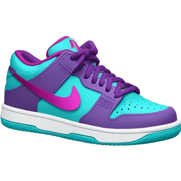 Hyper Realistic top front view of a pair of turquoise,light teal,magenta,and dark purple Nike Shock Sneakers. emoji