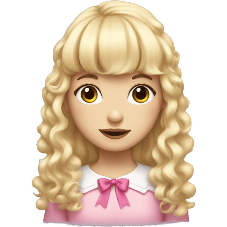 Blonde, pale girl with bangs and curly, long hair with pink bows  emoji