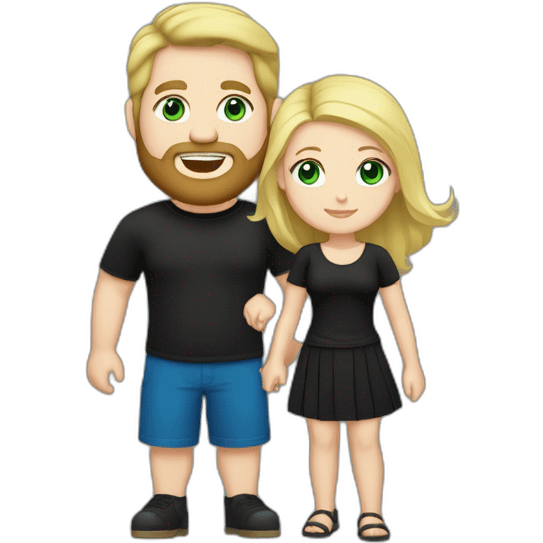 A blond chubby girl with blue eyes and black haired and bearded man with green eyes. The man wears a black t-shirt. The woman is wearing a black skirt and a blue shirt emoji