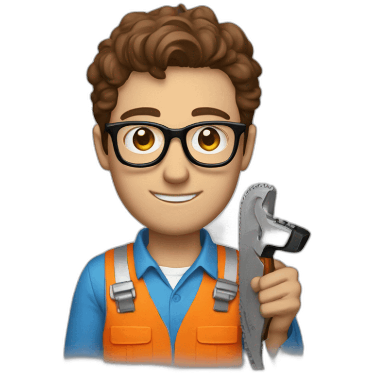 a guy with brown hair, square glasses, an orange repairman's suit, blue eyes, with a chainsaw emoji